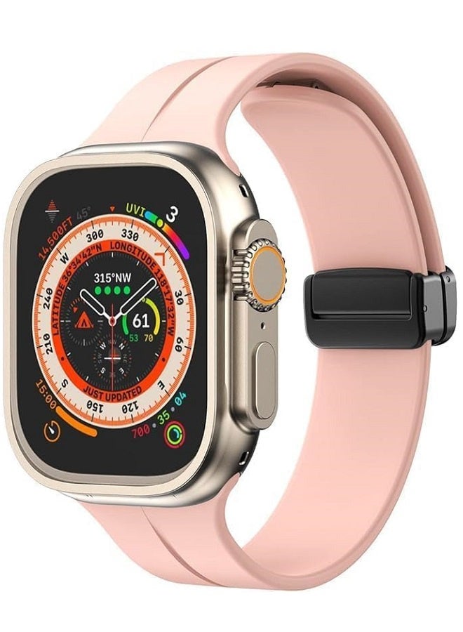 Replacement silicone sports wristband, black, with a magnetic D-shaped clasp 42/44/45/49mm, compatible with Apple Watch series SE/11/10/9/8/7/6/5/4/3 - Pink - Image 3